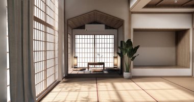 Chabudai japan geleneksel alçak masa ve en az Japon odası 3D dekorasyonu.