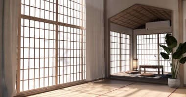 Chabudai japan geleneksel alçak masa ve en az Japon odası 3D dekorasyonu.