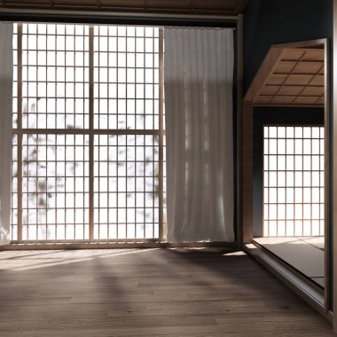 Serin renkler serinlik ve sakinlik hissi verir. Japon geleneksel odası, boş oda ve dekorasyon odası japan tarzı 3D görüntüleme.