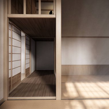 Tatami paspas döşemesi, büyük boş oda Japon geleneksel tarzı. 3B görüntüleme