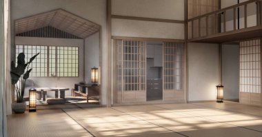 Tatami paspas döşemesi, büyük boş oda Japon geleneksel tarzı. 3B görüntüleme