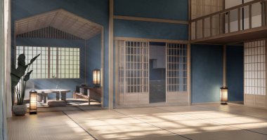 Chabudai japan geleneksel alçak masa ve en az Japon odası 3D dekorasyonu.