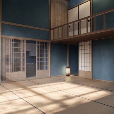 Chabudai japan geleneksel alçak masa ve en az Japon odası 3D dekorasyonu.