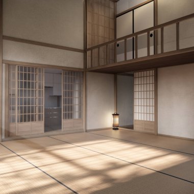 Tatami paspas döşemesi, büyük boş oda Japon geleneksel tarzı. 3B görüntüleme