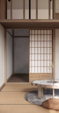 Chabudai japan geleneksel alçak masa ve en az Japon odası 3D dekorasyonu.