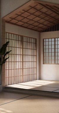 Tatami paspas döşemesi, büyük boş oda Japon geleneksel tarzı. 3B görüntüleme