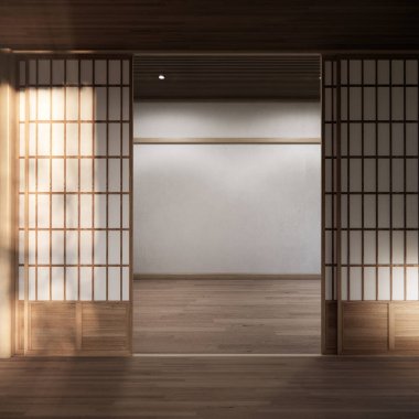 Tatami paspas döşemesi, büyük boş oda Japon geleneksel tarzı. 3B görüntüleme