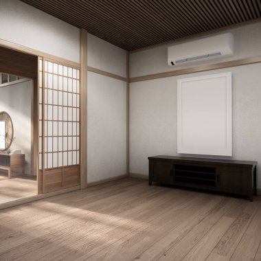 Modern Japon tarzı ve beyaz duvarda televizyon dolabıyla süslenmiş. 3d oluşturma