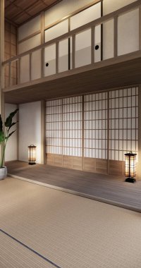 Tatami paspas döşemesi, büyük boş oda Japon geleneksel tarzı. 3B görüntüleme