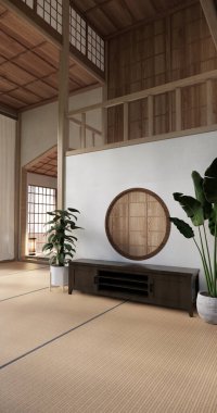 Tatami paspas döşemesi, büyük boş oda Japon geleneksel tarzı. 3B görüntüleme