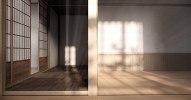 Tatami paspas döşemesi, büyük boş oda Japon geleneksel tarzı. 3B görüntüleme