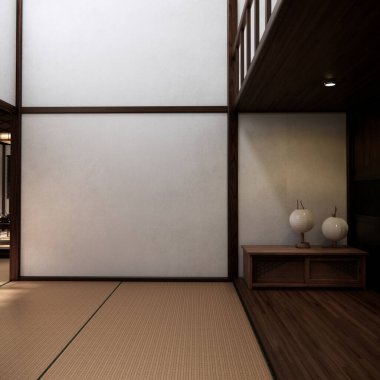 Boş, modern Japon tatami paspas döşemesi, oda Japon geleneksel tarzı. 3B görüntüleme