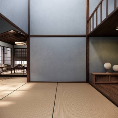 Koyu mavi Japon iç tasarımı, modern oturma odası. 3d illüstrasyon, 3d canlandırma