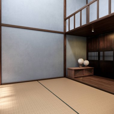 Koyu mavi Japon iç tasarımı, modern oturma odası. 3d illüstrasyon, 3d canlandırma