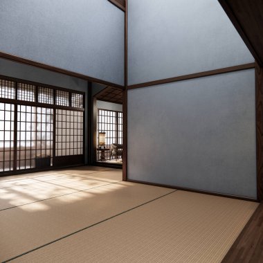 Koyu mavi Japon iç tasarımı, modern oturma odası. 3d illüstrasyon, 3d canlandırma