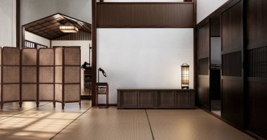 Oturma odasının dekorasyonunu değiştirin. Japon tarzı 3D tasarım.