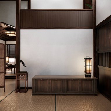 Oturma odasının dekorasyonunu değiştirin. Japon tarzı 3D tasarım.