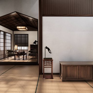 Oturma odasının dekorasyonunu değiştirin. Japon tarzı 3D tasarım.