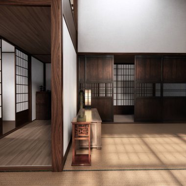 Oturma odasının dekorasyonunu değiştirin. Japon tarzı 3D tasarım.