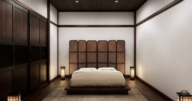 Yatak odası Japon tarzı, modern beyaz duvar ve ahşap zemin, oda minimalisti. 3B görüntüleme