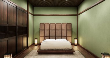 Yatak odası Japon tarzı, modern beyaz duvar ve ahşap zemin, oda minimalisti. 3B görüntüleme