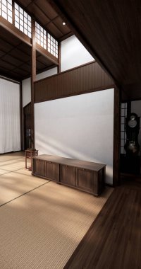 Oturma odasının dekorasyonunu değiştirin. Japon tarzı 3D tasarım.