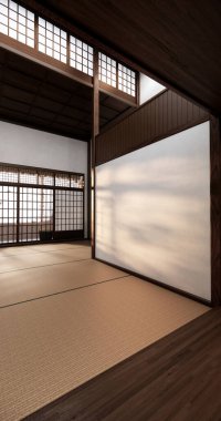 Boş, modern Japon tatami paspas döşemesi, oda Japon geleneksel tarzı. 3B görüntüleme