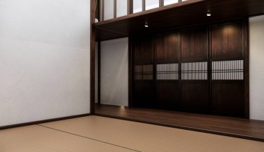 Boş, modern Japon tatami paspas döşemesi, oda Japon geleneksel tarzı. 3B görüntüleme