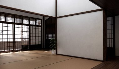 Boş, modern Japon tatami paspas döşemesi, oda Japon geleneksel tarzı. 3B görüntüleme