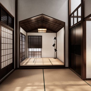 Boş, modern Japon tatami paspas döşemesi, oda Japon geleneksel tarzı. 3B görüntüleme