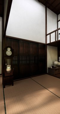 Shoji odasının iç mimarisi ve Shoji kapısı ve Tatami paspas zeminli batı tarzı bir Japon modelidir. 3B görüntüleme