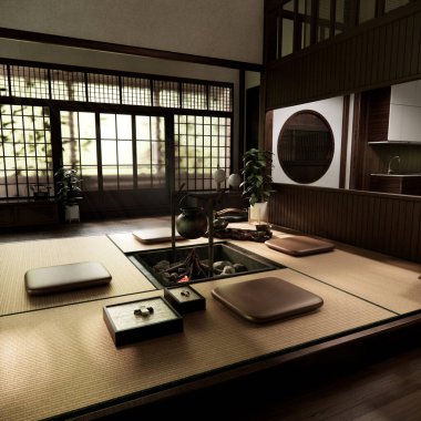 Batı tarzında dekore edilmiş bir oda, odanın ortasında şöminesi olan bir Japon odası. 3B görüntüleme