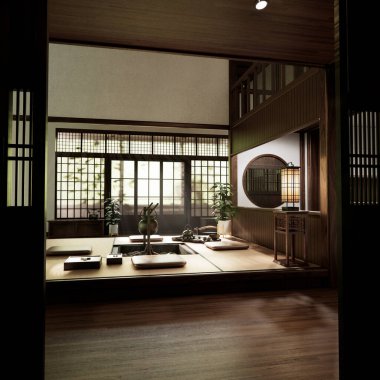 Batı tarzında dekore edilmiş bir oda, odanın ortasında şöminesi olan bir Japon odası. 3B görüntüleme