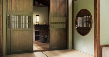 Wabisabi tarzı iç mekan Yeşil Japon oda 3D