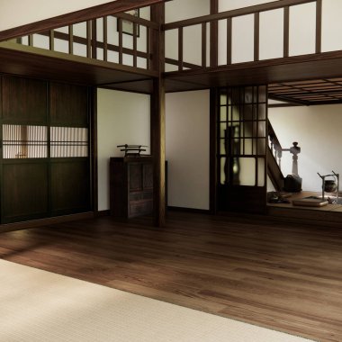 Batı tarzında dekore edilmiş bir oda, odanın ortasında şöminesi olan bir Japon odası. 3B görüntüleme