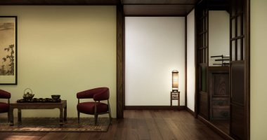 Oturma odasında eski bir Japon tarzı sandalye ve alçak masa olan batı tarzı Japonya tarzı bir oda. 3d oluşturma