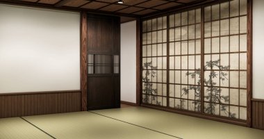Geleneksel Japon tatami odasının içinde ahşap elementler, Shoji sürgülü kapılar ve yumuşak sıcak ışıklandırma var. 3B görüntüleme