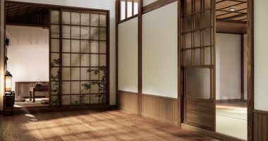 Japon odası, ahşap elementlerle donatılmış minimalist Japon iç mimarisi ve Shoji kapılarından geçen doğal ışık. 3B görüntüleme