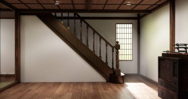 Japon odası, ahşap elementlerle donatılmış minimalist Japon iç mimarisi ve Shoji kapılarından geçen doğal ışık. 3B görüntüleme