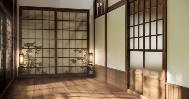 Japon odası, ahşap elementlerle donatılmış minimalist Japon iç mimarisi ve Shoji kapılarından geçen doğal ışık. 3B görüntüleme