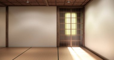 Tatami döşemesi ve Minimalist Zen Biçim 3D tasarımı Tahta Duvarlı Boş Japon Odası