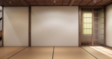Tatami döşemesi ve Minimalist Zen Biçim 3D tasarımı Tahta Duvarlı Boş Japon Odası
