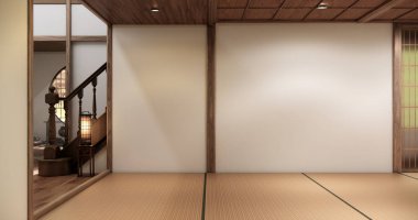 Tatami döşemesi ve Minimalist Zen Biçim 3D tasarımı Tahta Duvarlı Boş Japon Odası