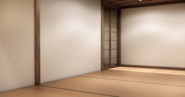 Tatami döşemesi ve Minimalist Zen Biçim 3D tasarımı Tahta Duvarlı Boş Japon Odası