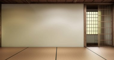 Tatami döşemesi ve Minimalist Zen Biçim 3D tasarımı Tahta Duvarlı Boş Japon Odası