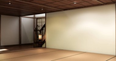 Tatami döşemesi ve Minimalist Zen Biçim 3D tasarımı Tahta Duvarlı Boş Japon Odası