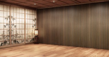 Mimari ve iç mekan kavramı. Boş oda ve ahşap paneller. Arka plan 3 boyutlu resimleme.