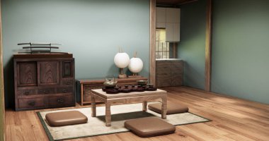 Naneli oda Minimalist Japon iç mimarisi ahşap elementler ve Shoji kapılarından geçen doğal ışık. 3B görüntüleme