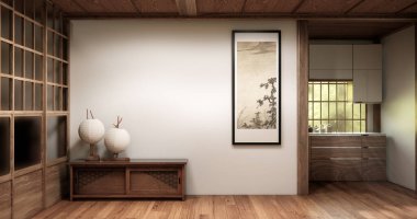 Muji 'deki ahşap dolap boş oda, Japandi' nin en az tasarımı. 3B görüntüleme
