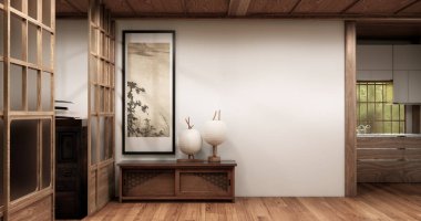 Muji 'deki ahşap dolap boş oda, Japandi' nin en az tasarımı. 3B görüntüleme